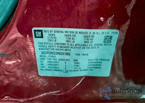 2017 Chevrolet Silverado C1500 Lt from USA, damaged, VIN 3GCPCREC0HG251962